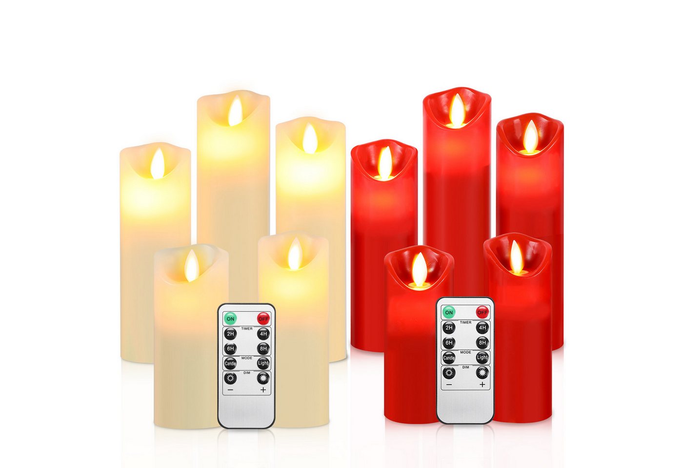 Clanmacy LED-Kerze 5X LED Kerzen Stumpenkerzen aus Echtwachs mit Docht verschiedene Höhen (5-tlg., mit Fernbedienung Timer), Φ 5,3cm x H. 13 / 14 / 16 / 18 / 20 cm von Clanmacy