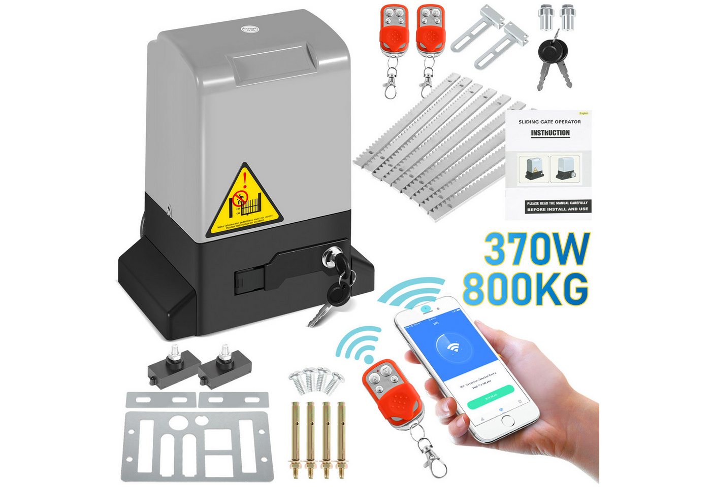 Clanmacy Schiebetorantrieb 370W Torantrieb Toröffner Motor 800kg Schiebetor APP Komplett-Set, mit Gleitschiene, (IP44 wasserdicht, mit 2 orangen Schlüssel und 1 Fernbedienung), Betriebene Türen Eisenwaren von Clanmacy