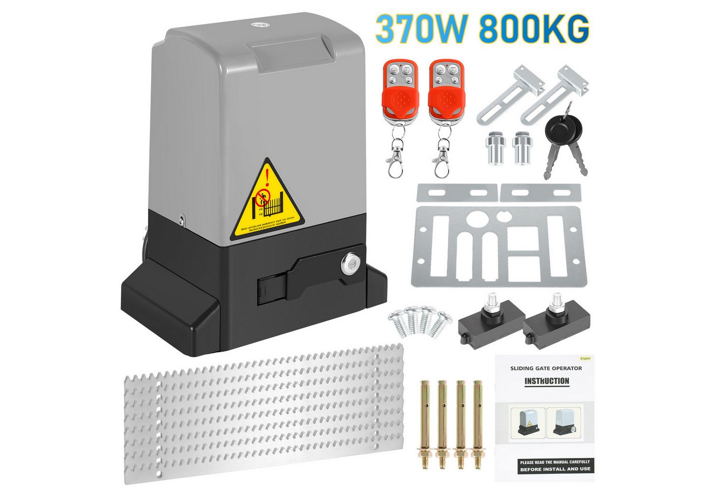Clanmacy Schiebetorantrieb 370W Torantrieb Toröffner Motor 800kg Schiebetor Antrieb Komplett-Set, mit Gleitschiene, (IP44 wasserdicht, mit 2 orangen Schlüssel und 1 Fernbedienung), Betriebene Türen Eisenwaren von Clanmacy