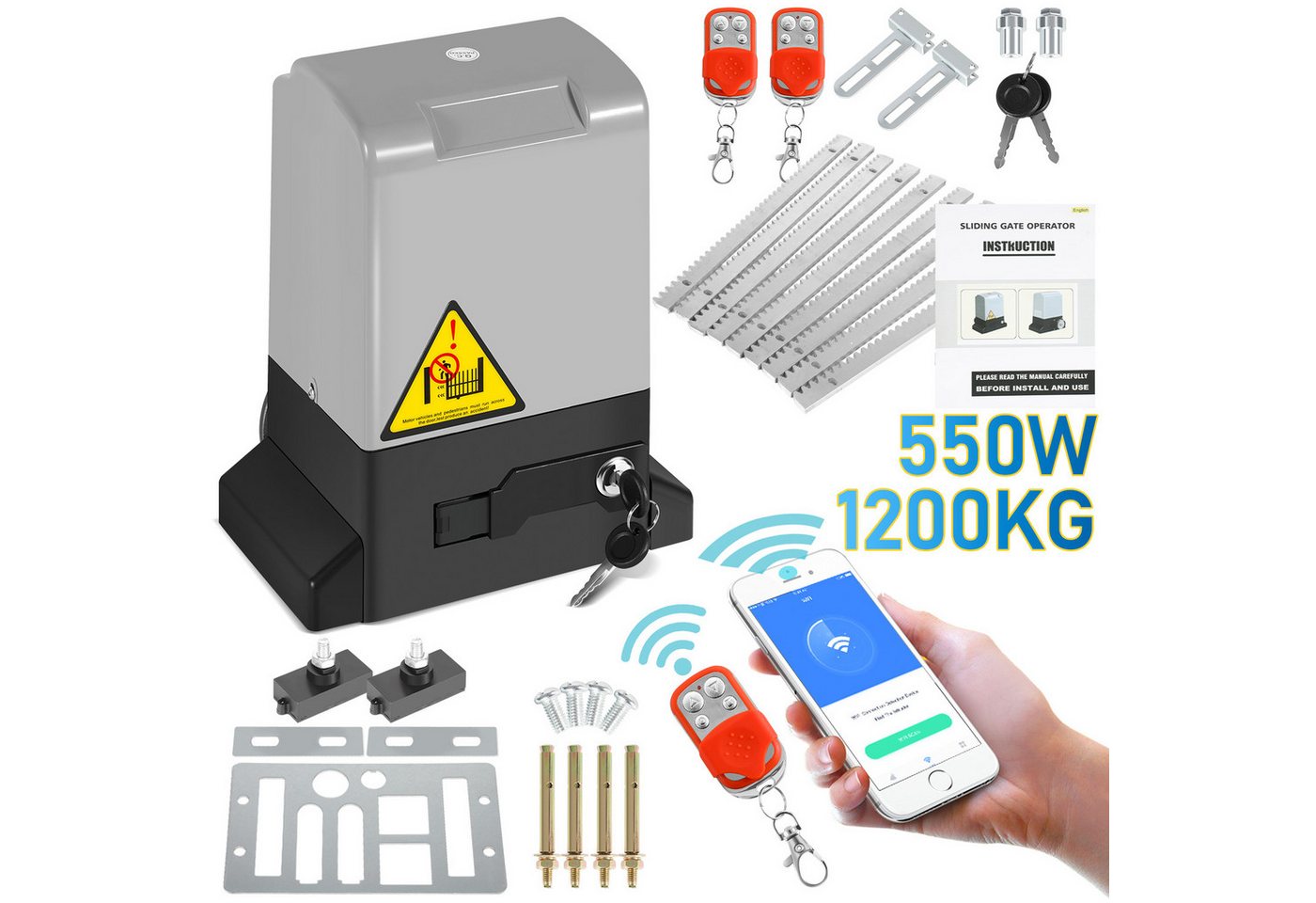 Clanmacy Schiebetorantrieb 550W Torantrieb Toröffner Motor 1200kg Schiebetor APP Komplett-Set, mit Gleitschiene, (IP44 wasserdicht, mit 2 orangen Schlüssel und 1 Fernbedienung), Betriebene Türen Eisenwaren von Clanmacy