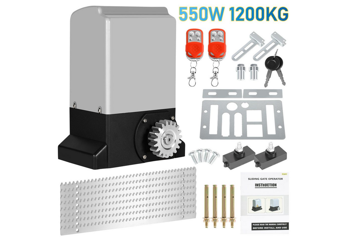 Clanmacy Schiebetorantrieb 550W Torantrieb Toröffner Motor 1200kg Schiebetor Antrieb Komplett-Set, mit Gleitschiene, (IP44 wasserdicht, mit 2 orangen Schlüssel und 1 Fernbedienung), Betriebene Türen Eisenwaren von Clanmacy