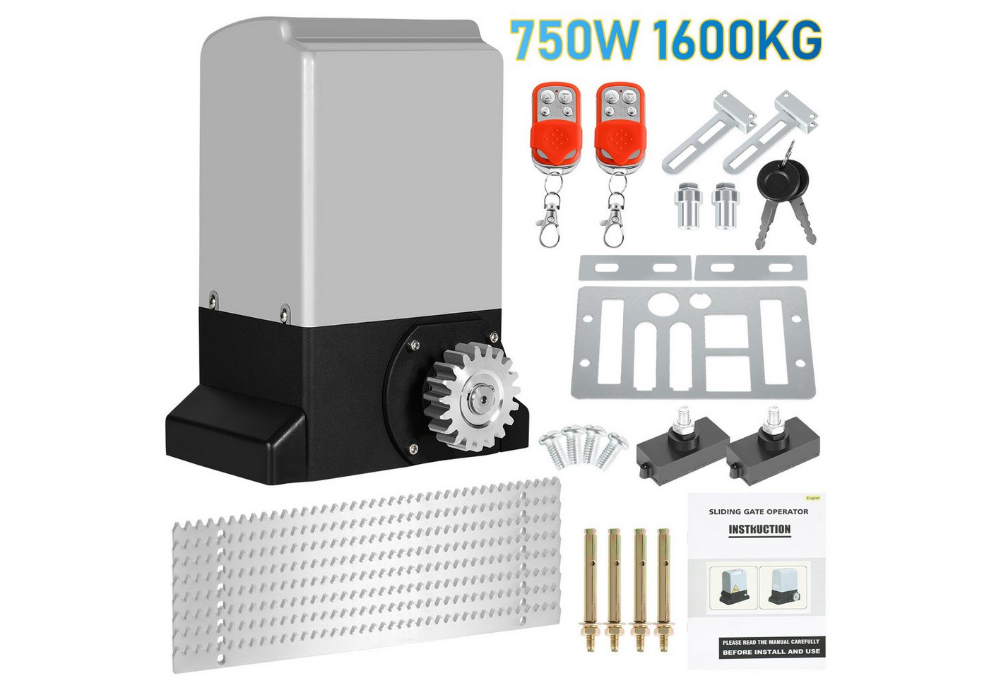 Clanmacy Schiebetorantrieb 750W Torantrieb Toröffner Motor 1600kg Schiebetor Antrieb Komplett-Set, mit Gleitschiene, (IP44 wasserdicht, mit 2 orangen Schlüssel und 1 Fernbedienung), Betriebene Türen Eisenwaren von Clanmacy