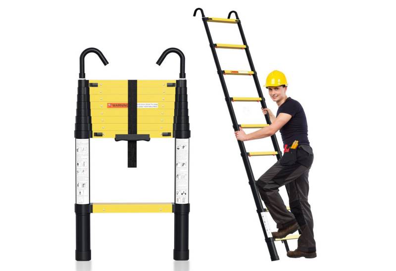 Clanmacy Teleskopleiter Alu Leichtgewicht Ausziehleiter 2,6m langsamer Abfall + Haken (Teleskopleiter,Anlegeleiter,Klappleiter,Schiebeleiter, Hochleistungs-Teleskopleiter, Hochwertiges Aluminiummaterial), Mühelose Portabilität Unabhängige Verriegelung Narrensicherer Betrieb von Clanmacy