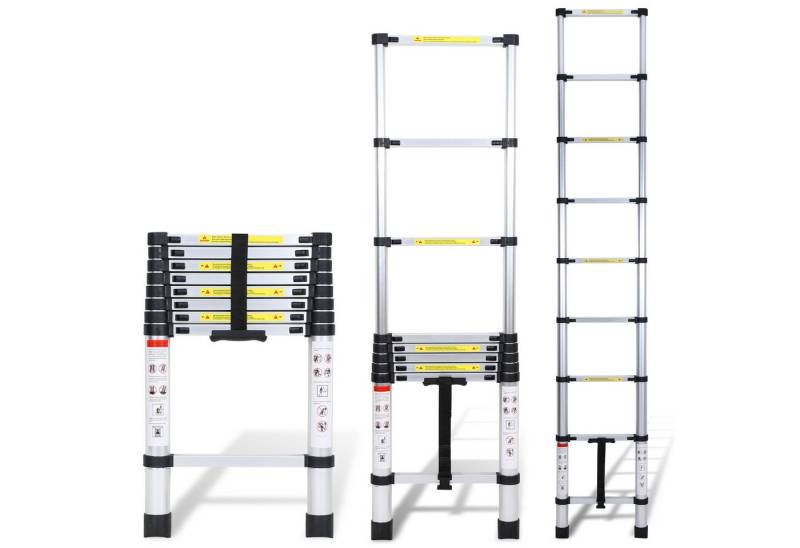 Clanmacy Teleskopleiter Aluminium Teleskopleiter 2,6m Silber mit rutschfesten Füßen (Teleskopleiter,Anlegeleiter,Klappleiter,Schiebeleiter, Hochleistungs-Teleskopleiter, Hochwertiges Aluminiummaterial), Mühelose Portabilität Unabhängige Verriegelung Narrensicherer Betrieb von Clanmacy
