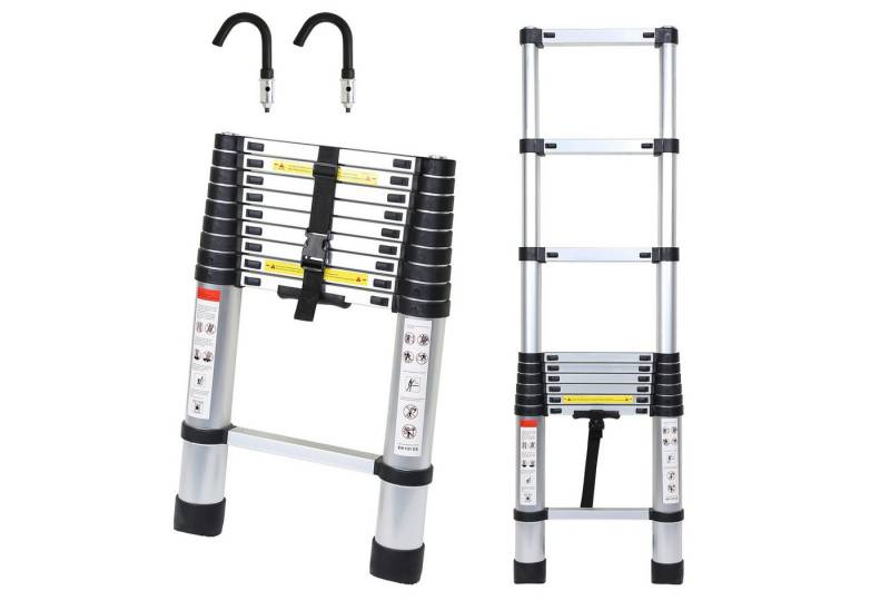 Clanmacy Teleskopleiter Teleskopleiter Alu 2,6m Silber Ausziehleiter Anlegeleiter bis 150kg von Clanmacy