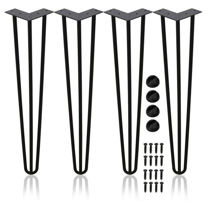 Clanmacy Tischbein 4x Tischbeine Hairpin Legs für DIY Couchtisch, Beistelltisch, Konsolentisch, Kommode - 2 oder 3 Streben - 15-72cm - Schwarz, mit angeschweißt Fußscheibe und Bodenschoner Filzg, Aufblasbar, Hairpin Legs von Clanmacy