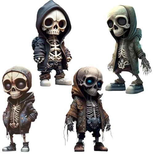 Claofoc Coole Skelett Figuren 4 Stück Totenkopf Deko Halloween Horror Gothic Skulpturen Mini Totenkopf Figuren Harz Kunsthandwerk Steampunk Statuen für Zuhause Büro Schreibtisch von Claofoc