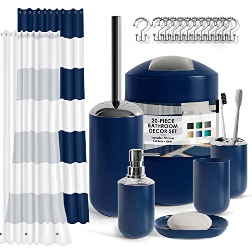 Badezimmer-Zubehör-Set mit Duschvorhang-Set, Seifenspender, Seifenschale, Zahnbürstenhalter mit Tasse, Duschvorhang-Set mit Liner und Haken, WC-Bürste und Halter, Abfalleimer, Marineblau von Clara Clark