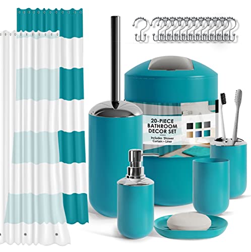 Badezimmer-Zubehör-Set mit Duschvorhang-Set, Seifenspender, Seifenschale, Zahnbürstenhalter mit Tasse, Duschvorhang-Set mit Liner und Haken, WC-Bürste und Halter, Mülleimer, Blaugrün Badezimmer-Zubehör-Set mit Duschvorhang-Set, Seifenspender, Seifenschale, Zahnbürstenhalter mit Tasse, Duschvorhang-Set mit Liner und Haken, WC-Bürste und Halter, Mülleimer, Blaugrün von Clara Clark