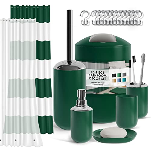 Badezimmer Zubehör Set mit Duschvorhang Set, Seifenspender, Seifenschale, Zahnbürstenhalter mit Tasse, Duschvorhang Set mit Liner und Haken, WC-Bürste und Halter, Mülleimer, Hunter Green von Clara Clark