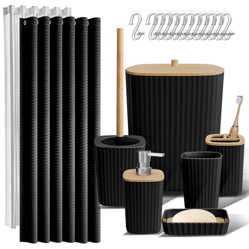 Clara Clark Badezimmer-Set, 20-teilig, mit Duschvorhang-Set, WC-Bürste, Abfalleimer und Seifenspender, Schwarz von Clara Clark