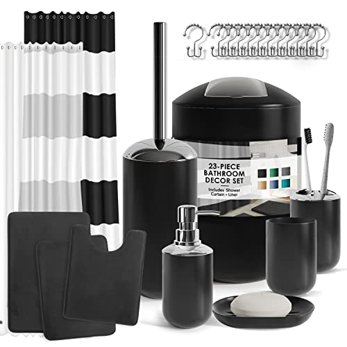 Clara Clark Badezimmer-Set – Badezimmer-Sets mit Duschvorhang und Teppichen, weiche Badezimmerteppiche, rutschfest, 23-teiliges schwarzes Badezimmer-Zubehör-Set komplett mit Badteppichen, von Clara Clark