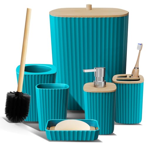 Clara Clark Badezimmer-Set – Blaugrünes Badezimmer-Zubehör-Set, 6-teiliges Badezimmer-Zubehör-Set, Badezimmer-Sets mit WC-Bürste, Mülleimer und Seifenspender von Clara Clark