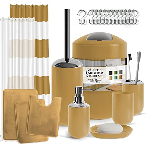 Clara Clark Badezimmer-Set – Goldfarbenes Badezimmer-Zubehör-Set, Badezimmer-Sets mit Duschvorhang und Teppichen, 23-teiliges Duschvorhang-Set mit Futter, Seifenspender, Seifenschale, WC-Bürstenhalter von Clara Clark