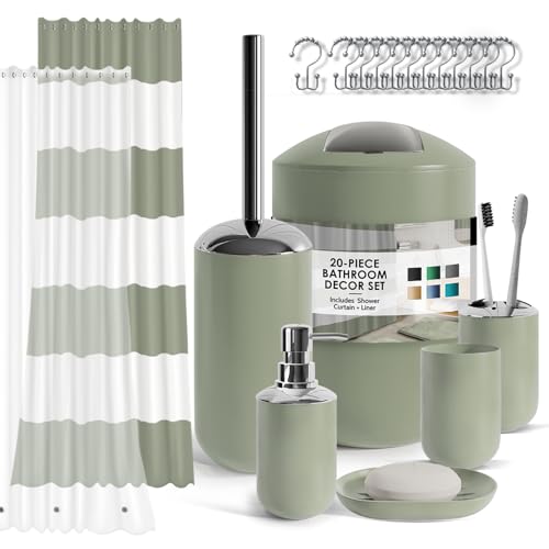 Clara Clark Badezimmer-Set – Salbeigrün Badezimmer-Zubehör-Set, 20-teiliges Badezimmer-Zubehör-Set, Duschvorhang-Set mit Innenfutter, Zahnbürstenhalter, Seifenspender, Seifenschale und von Clara Clark