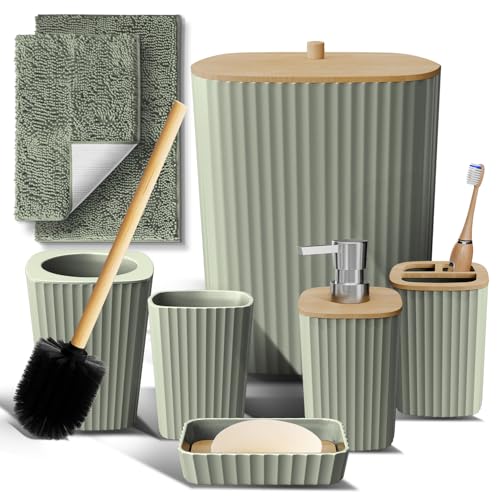 Clara Clark Badezimmer-Set – Salbeigrün Badezimmer-Zubehör-Set, 6-teiliges Badezimmer-Zubehör-Set, Badezimmer-Sets mit Badezimmerteppichen, WC-Bürste, Mülleimer und Seifenspender von Clara Clark