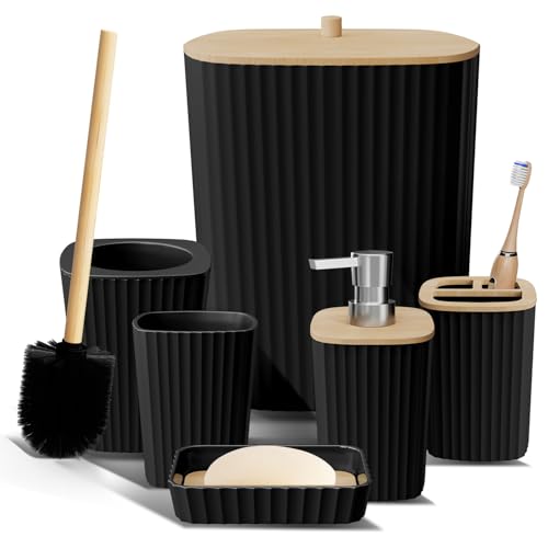 Clara Clark Badezimmer-Set – Schwarzes Badezimmer-Zubehör-Set, 6-teiliges Badezimmer-Zubehör-Set, Badezimmer-Sets mit WC-Bürste, Mülleimer und Seifenspender von Clara Clark