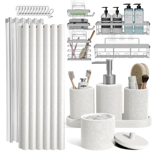 Clara Clark Badezimmer-Set – weißes Badezimmer-Zubehör-Set, 24-teiliges Badezimmer-Zubehör-Set, Badezimmer-Sets mit Duschvorhang-Set, Selbstklebende Eck-Duschablage zum Aufhängen und Seifenspender von Clara Clark