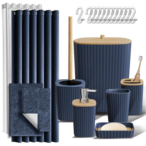Clara Clark Badezimmer-Zubehör-Set, 22-teilig, mit Duschvorhang, Teppichen, Abfalleimer, Marineblau von Clara Clark