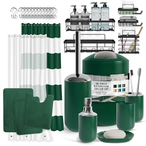 Clara Clark Badezimmer-Zubehör-Set – 28-teiliges Badezimmer-Set mit Selbstklebender Eck-Duschablage zum Aufhängen, Badezimmer-Sets mit Duschvorhang und Teppichen, grünes Duschvorhang-Set mit von Clara Clark