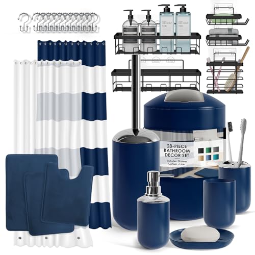 Clara Clark Badezimmer-Zubehör-Set – 28-teiliges Badezimmer-Set mit Selbstklebender Eck-Duschablage zum Aufhängen, Badezimmer-Sets mit Duschvorhang und Teppichen, marineblauer Duschvorhang-Set mit von Clara Clark