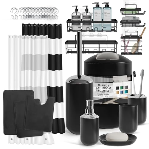 Clara Clark Badezimmer-Zubehör-Set – 28-teiliges Badezimmer-Set mit Selbstklebender Eck-Duschablage zum Aufhängen, Badezimmer-Sets mit Duschvorhang und Teppichen, schwarzes Duschvorhang-Set mit von Clara Clark