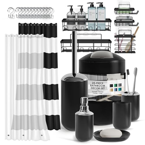 Clara Clark Badezimmer-Zubehör-Set – Badezimmer-Set mit selbstklebender Eck-Duschablage zum Aufhängen, 25-teiliges Badezimmer-Zubehör-Set, schwarzes Duschvorhang-Set, WC-Bürste, Mülleimer und Clara Clark Badezimmer-Zubehör-Set – Badezimmer-Set mit selbstklebender Eck-Duschablage zum Aufhängen, 25-teiliges Badezimmer-Zubehör-Set, schwarzes Duschvorhang-Set, WC-Bürste, Mülleimer und von Clara Clark