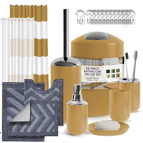 Clara Clark Badezimmer-Zubehör-Set – Goldfarbenes Badezimmer-Set, 23-teiliges Duschvorhang-Set mit Badezimmer-Mülleimer, Badezimmer-Sets mit Duschvorhang und grauen Teppichen von Clara Clark