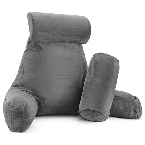 Clara Clark Bed Rest Reading Pillow with Arms and Pockets Premium Shredded Memory Foam, Detachable Neck Roll & Lumbar Support, Large, Gray von Clara Clark