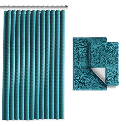 Clara Clark Blaugrünes Duschvorhang-Set mit Teppichen, Badezimmer-Sets mit Duschvorhang und Teppichen, Stoff-Duschvorhängen und 2 Badematten, modernes Badezimmer-Dusch- und Vorhang-Set für Badewanne Clara Clark Blaugrünes Duschvorhang-Set mit Teppichen, Badezimmer-Sets mit Duschvorhang und Teppichen, Stoff-Duschvorhängen und 2 Badematten, modernes Badezimmer-Dusch- und Vorhang-Set für Badewanne von Clara Clark