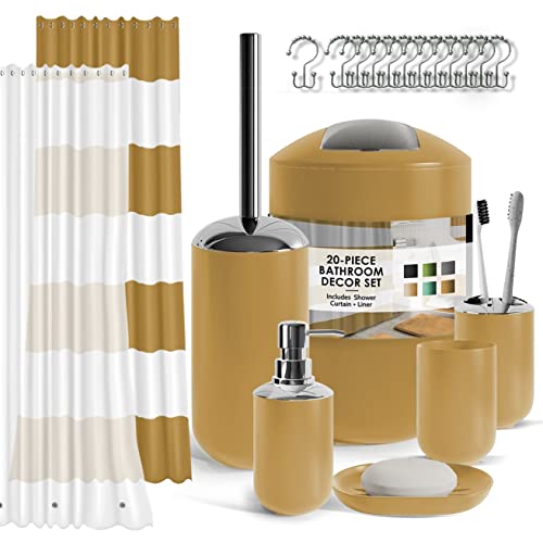 Clara Clark - Goldfarbenes Modernes Badezimmerset mit 20 Teilen, Duschvorhang-Set mit Liner und Haken, Seifenspender, Seifenschale, Zahnbürstenhalter Tasse, WC-Bürste Halter, Mülleimer, Gold von Clara Clark