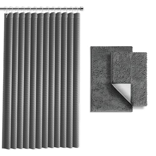 Clara Clark Graues Duschvorhang-Set mit Teppichen – Badezimmer-Sets mit Duschvorhang und Teppichen, Stoffduschvorhänge und 2 Badematten, Moderne Badezimmer-Dusch- und Vorhang-Sets für Badewanne oder von Clara Clark