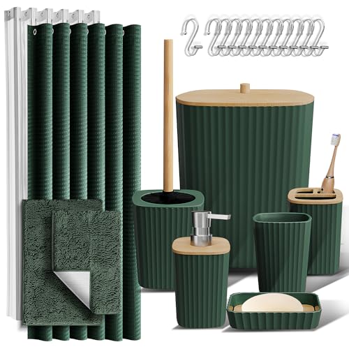 Clara Clark Badezimmer-Zubehör-Set, 22-teilig, mit Duschvorhang, Teppichen, Abfalleimer, Grün von Clara Clark