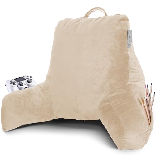 Clara Clark Lesekissen, Standard Rückenkissen zum Aufsetzen im Bett, Memory Foam Rückenstützkissen, Lesekissen zum Sitzen im Bett, Beige Creme Sit Up Kissen für Bett, Armkissen mit Taschen von Clara Clark