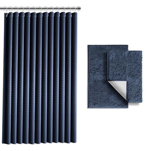 Clara Clark Marineblaues Duschvorhang-Set mit Teppichen – Badezimmer-Sets mit Duschvorhang und Teppichen, Stoffduschvorhänge und 2 Badematten, Moderne Badezimmer-Dusch- und Vorhang-Sets für Badewanne von Clara Clark