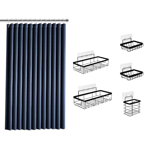 Clara Clark Marineblaues Duschvorhang-Set mit schwarzem Dusch-Caddy zum Aufhängen – Stoff-Duschvorhänge und Edelstahl-Duschablagen, Badezimmer-Duschvorhang-Sets mit Eck-Dusch-Caddy Wohnheim von Clara Clark
