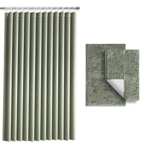 Clara Clark Salbeigrün Duschvorhang-Set mit Teppichen – Badezimmer-Sets mit Duschvorhang und Teppichen, Stoffduschvorhänge und 2 Badematten, Moderne Badezimmer-Dusch- und Vorhang-Sets für Badewanne von Clara Clark