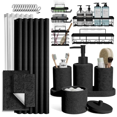 Clara Clark Schwarzes Badezimmer-Set – Badezimmer-Sets mit Duschvorhang und Teppichen, 26-teiliges Badezimmer-Zubehör-Set, Duschvorhang-Set mit Selbstklebender Eck-Duschablage zum Aufhängen und von Clara Clark
