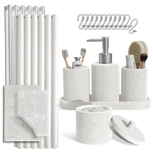 Clara Clark Weißes Badezimmer-Set – 21-teiliges Polyresin mit Jute-Textur Badezimmer-Zubehör-Set mit Duschvorhang, Teppichen, Seifenspender und Zahnbürstenhalter von Clara Clark