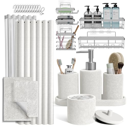 Clara Clark Weißes Badezimmer-Set – Badezimmer-Sets mit Duschvorhang und Teppichen, 26-teiliges Badezimmer-Zubehör-Set, Duschvorhang-Set mit Selbstklebender Eck-Duschablage zum Aufhängen und von Clara Clark