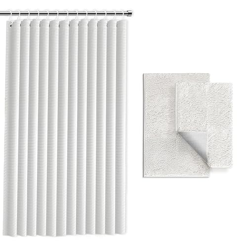 Clara Clark Weißes Duschvorhang-Set mit Teppichen – Badezimmer-Sets mit Duschvorhang und Teppichen, Stoff-Duschvorhänge und 2 Badematten, Moderne Badezimmer-Dusch- und Vorhang-Sets für Badewanne oder Clara Clark Weißes Duschvorhang-Set mit Teppichen – Badezimmer-Sets mit Duschvorhang und Teppichen, Stoff-Duschvorhänge und 2 Badematten, Moderne Badezimmer-Dusch- und Vorhang-Sets für Badewanne oder von Clara Clark