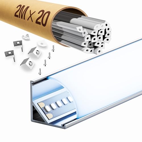 ClarivantiLED LED-Eckprofil 45°, LED Profil Schiene 2m, für 10mm Streifen, Kanal mit milchig-weißem Diffusor, Größe 15×15mm (SP30, 20 Stücke) von ClarivantiLED
