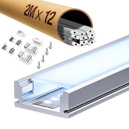 ClarivantiLED LED Profil Schiene 2m aus eloxiertem Aluminium, Aluminium Profil passend für 12mm Streifen, mit opalem Diffusor (SP26, 12 Stück (insgesamt 24m)) von ClarivantiLED