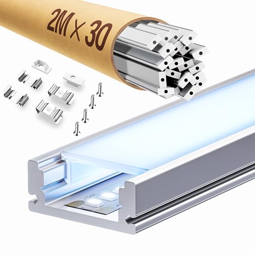 ClarivantiLED LED Profil Schiene 2m aus eloxiertem Aluminium, Aluminium Profil passend für 12mm Streifen, mit opalem Diffusor (SP26, 30 Stück (insgesamt 60m)) von ClarivantiLED