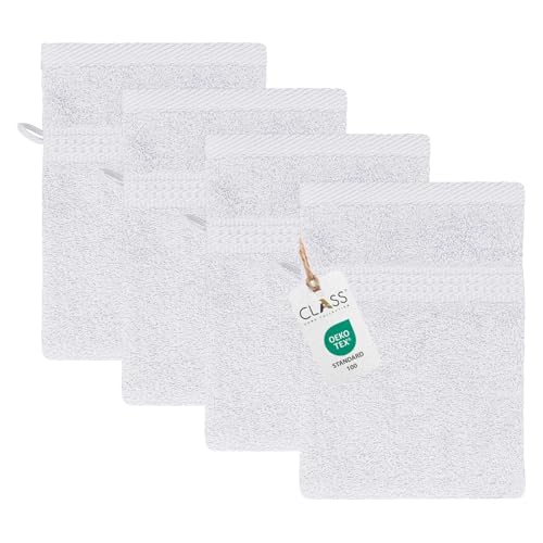 Class Home Collection Frottee Waschhandschuhe 16x21 cm – 4er Set Waschhandschuh – Besonders weiche & saugfähige Waschlappen aus 100% Baumwolle mit Aufhänger – Weiß von Class Home Collection