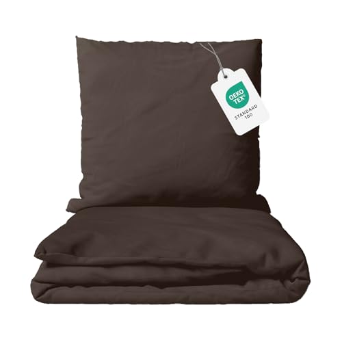 Class Home Collection Bettwäsche 135x200 Baumwolle – 2-teiliges Bettwäsche-Set mit Reißverschluss, Bettbezug + Kissenbezug 80x80 cm, Ganzjahres-Bettwäsche, Uni Braun von Class Home Collection