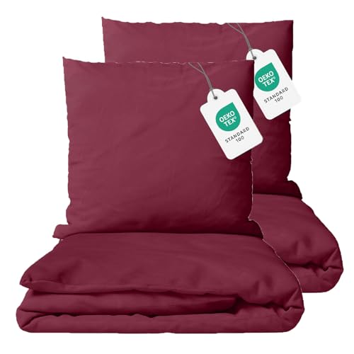Class Home Collection Bettwäsche 135x200 Baumwolle 4 teilig Renforce Bettwäsche-Set mit Reißverschluss Uni Bordeaux von Class Home Collection