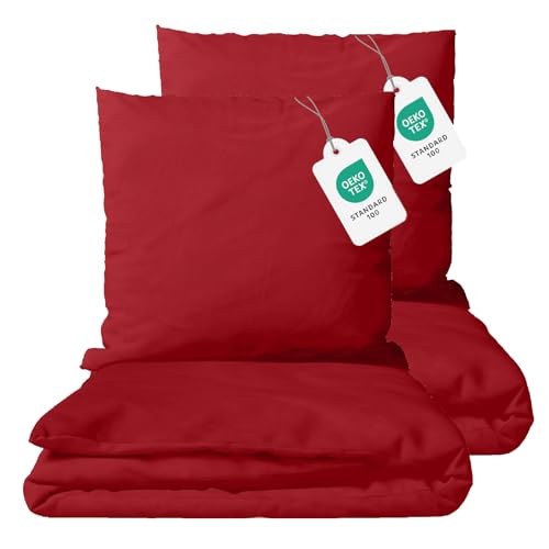 Class Home Collection Bettwäsche 135x200 Baumwolle 4 teilig Renforce Bettwäsche-Set mit Reißverschluss Uni Rot von Class Home Collection