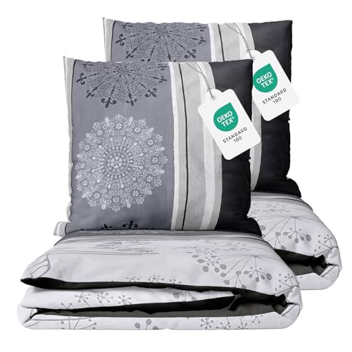Class Home Collection Bettwäsche 135x200 cm - 4-teiliges Renforce Bettwäsche-Set aus Baumwolle mit Reißverschluss, Viola Design in Grau, für Einzel- und Doppelbetten von Class Home Collection