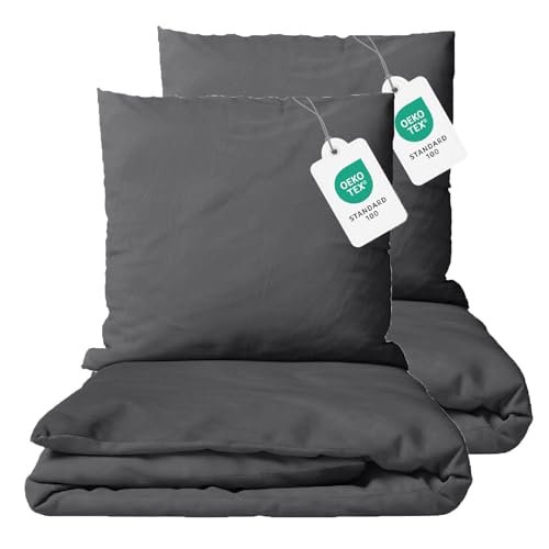 Class Home Collection Bettwäsche 155x220 Baumwolle 4 teilig Renforce Bettwäsche-Set mit Reißverschluss Uni Anthrazit von Class Home Collection